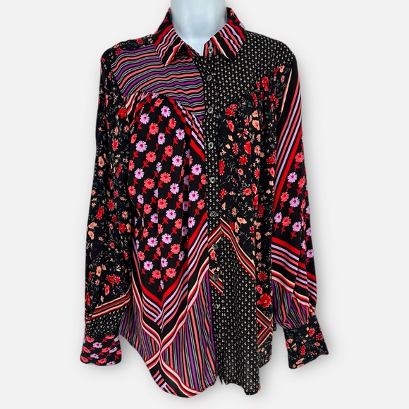 FREE PEOPLE Hazel Button Down Top size M Boho Floral Colorful Hippie - Picture 7 of 11